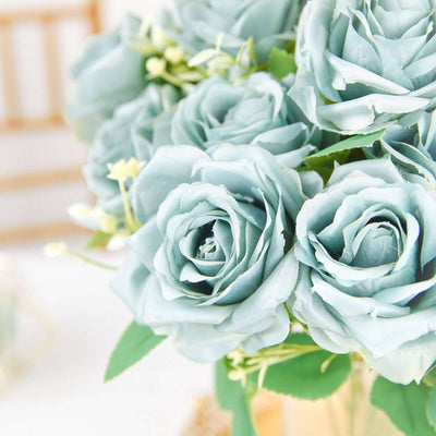 2 Bushes Dusty Blue Silk Rose Bouquets – Real Touch Long Stem Artificial Flowers 18"