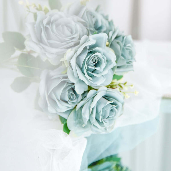 2 Bushes Dusty Blue Silk Rose Bouquets – Real Touch Long Stem Artificial Flowers 18"