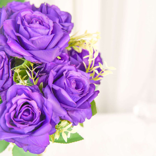 2 Bushes Purple Silk Rose Bouquets – Real Touch Long Stem Artificial Flowers 18"