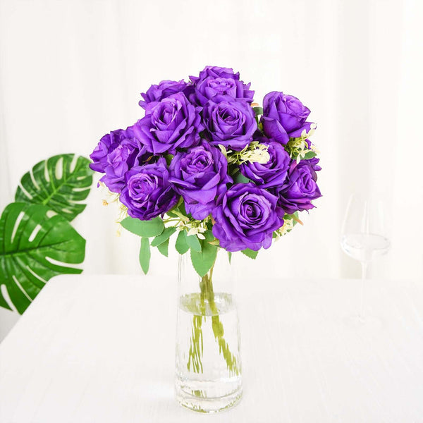 2 Bushes Purple Silk Rose Bouquets – Real Touch Long Stem Artificial Flowers 18"