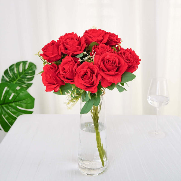 2 Bushes Red Silk Rose Bouquets – Real Touch Long Stem Artificial Flowers 18"