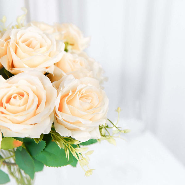 2 Bushes Cream Silk Rose Bouquets – Real Touch Long Stem Artificial Flowers 18"