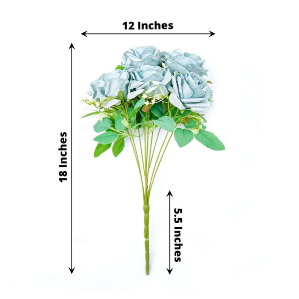 2 Bushes Dusty Blue Silk Rose Bouquets – Real Touch Long Stem Artificial Flowers 18"