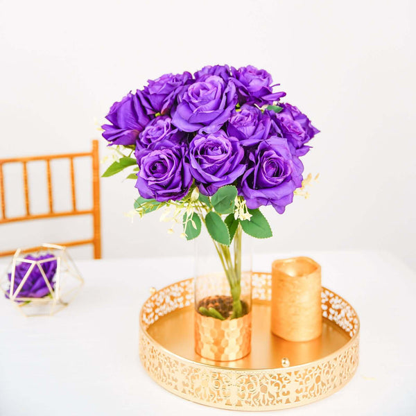 2 Bushes Purple Silk Rose Bouquets – Real Touch Long Stem Artificial Flowers 18"