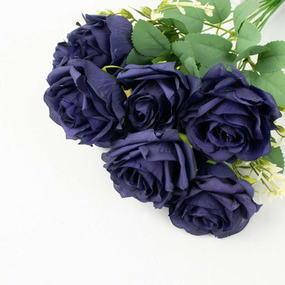 2 Bushes Navy Blue Silk Rose Bouquets – Real Touch Long Stem Artificial Flowers 18"