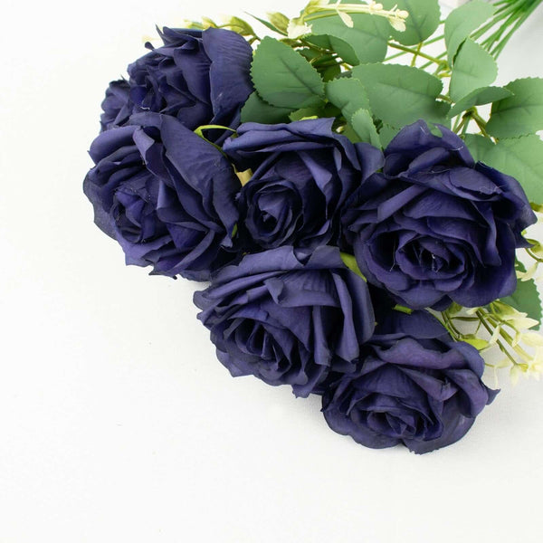 2 Bushes Navy Blue Silk Rose Bouquets – Real Touch Long Stem Artificial Flowers 18"
