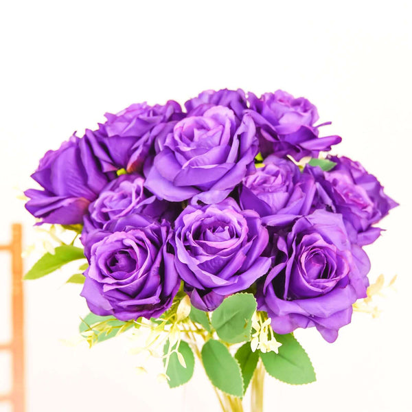 2 Bushes Purple Silk Rose Bouquets – Real Touch Long Stem Artificial Flowers 18"