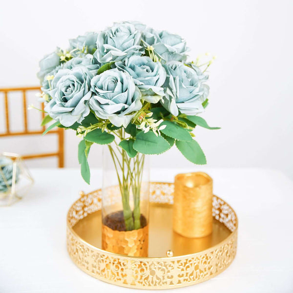 2 Bushes Dusty Blue Silk Rose Bouquets – Real Touch Long Stem Artificial Flowers 18"