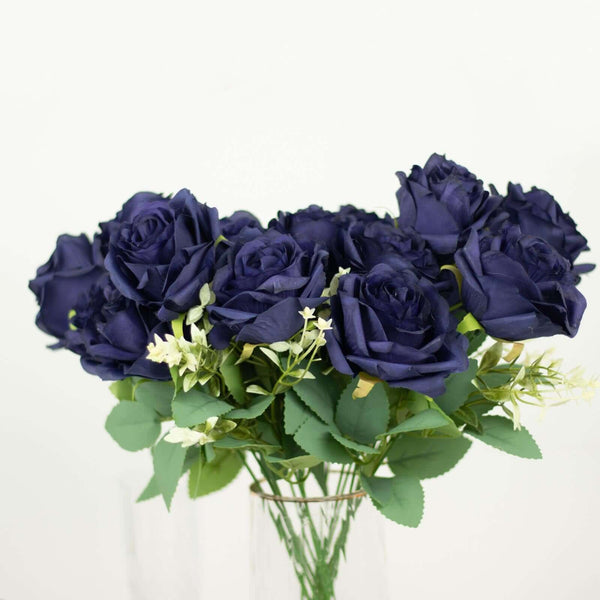 2 Bushes Navy Blue Silk Rose Bouquets – Real Touch Long Stem Artificial Flowers 18"