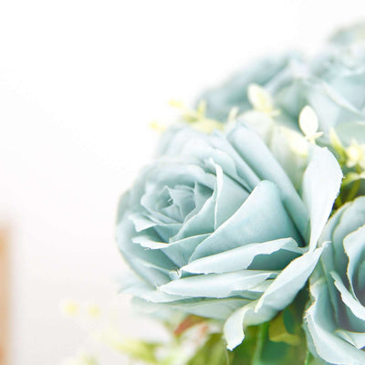 2 Bushes Dusty Blue Silk Rose Bouquets – Real Touch Long Stem Artificial Flowers 18"