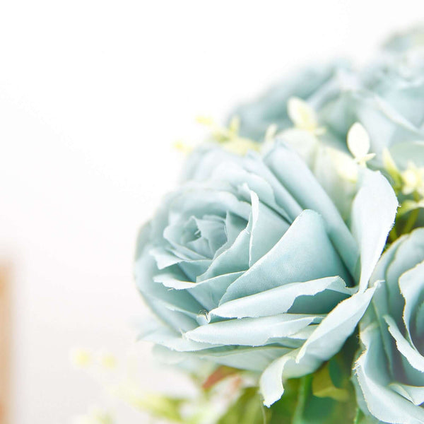 2 Bushes Dusty Blue Silk Rose Bouquets – Real Touch Long Stem Artificial Flowers 18"