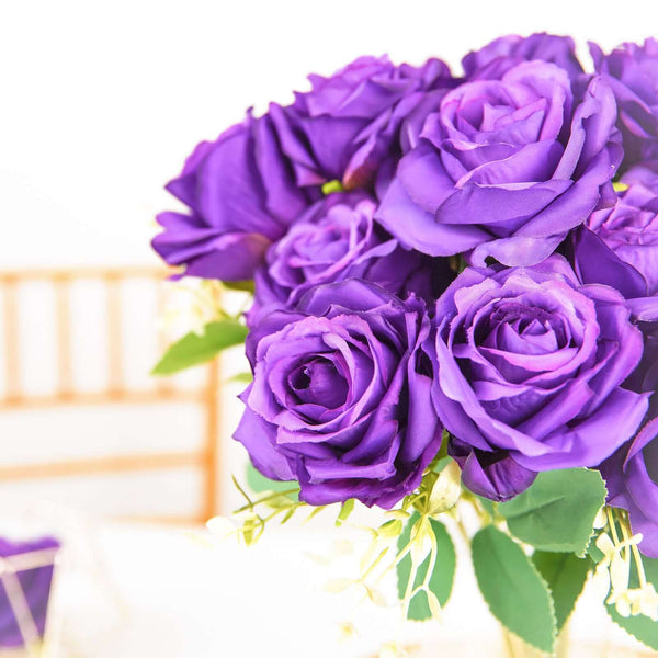 2 Bushes Purple Silk Rose Bouquets – Real Touch Long Stem Artificial Flowers 18"