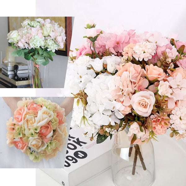 2 Pack | Cream Rose & Hydrangea Artificial Silk Flowers Bouquet