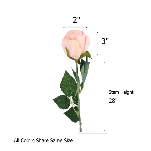 24 pcs Blush | Rose Gold Artificial Long Stem Silk Rose Flowers With Green Leaves