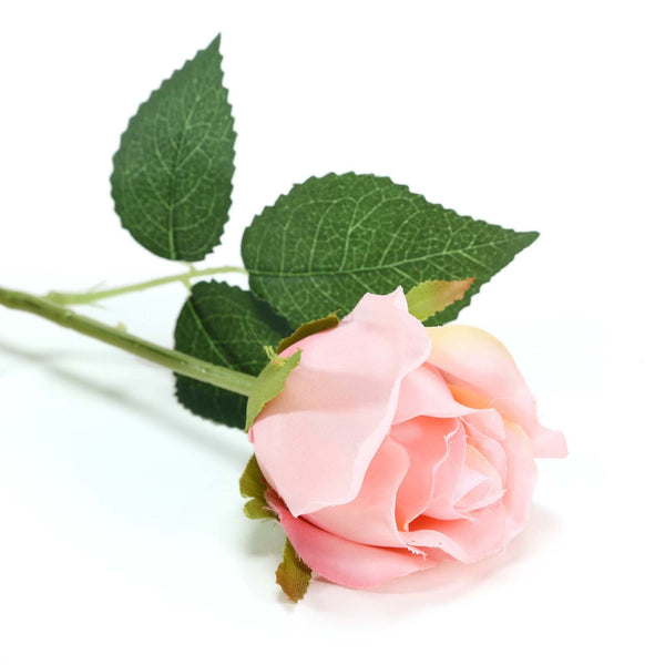 24 pcs Blush | Rose Gold Artificial Long Stem Silk Rose Flowers With Green Leaves