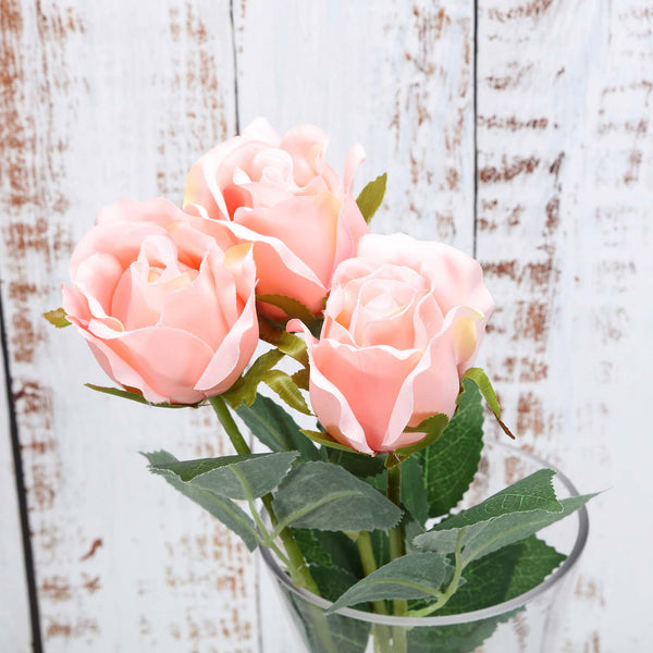24 pcs Blush | Rose Gold Artificial Long Stem Silk Rose Flowers With Green Leaves