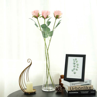 24 pcs Blush | Rose Gold Artificial Long Stem Silk Rose Flowers With Green Leaves