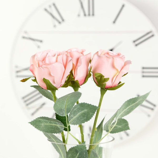 24 pcs Blush | Rose Gold Artificial Long Stem Silk Rose Flowers With Green Leaves