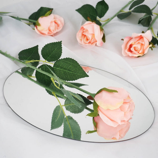 24 pcs Blush | Rose Gold Artificial Long Stem Silk Rose Flowers With Green Leaves