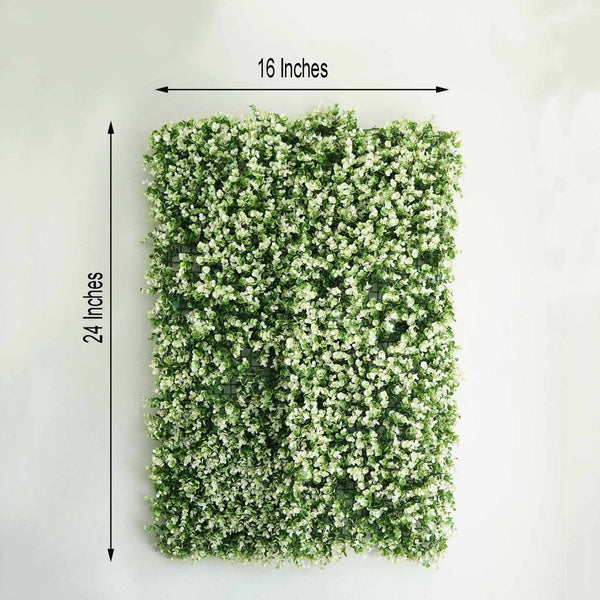 11 Sq ft. | 4 Panels Artificial Boxwood Hedge Faux Genlisea with White Tips Foliage Green Garden Wall Mat