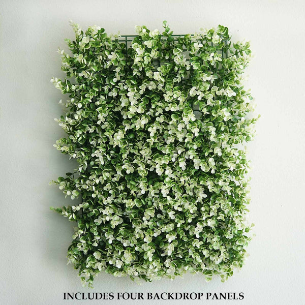 11 Sq ft. | 4 Panels Artificial Boxwood Hedge Faux Genlisea with White Tips Foliage Green Garden Wall Mat