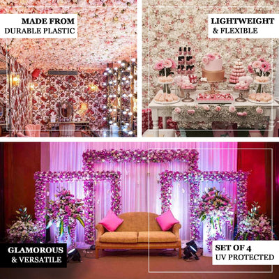 13 Sq ft. | SET of 4 |  UV Protected Assorted Silk Flower Wall Panels | Flower Wall Backdrop - White | Champagne