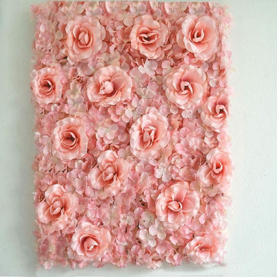 4 Pack 11 Sq ft. UV Protected 3D Blush | Rose Gold Cream Silk Rose & Hydrangea Flower Wall Mat Panel