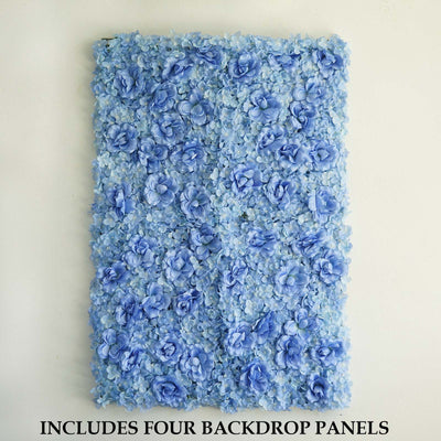 4 Pack 11 Sq ft. UV Protected 3D Blue Silk Rose & Hydrangea Flower Wall Mat Panel