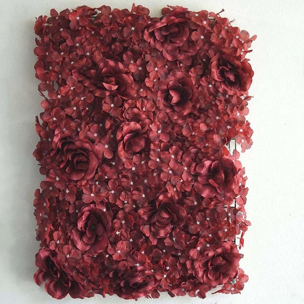 4 Pack 11 Sq ft. UV Protected 3D Wine Silk Rose & Hydrangea Flower Wall Mat Panel