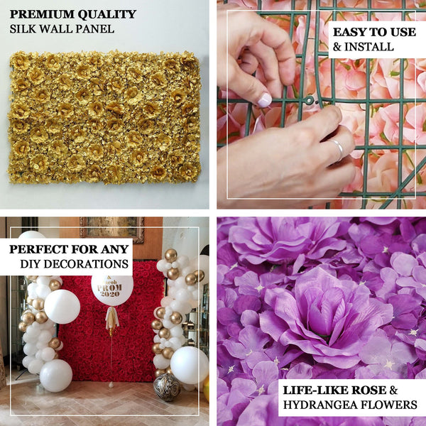 4 Pack 11 Sq ft. UV Protected 3D Wine Silk Rose & Hydrangea Flower Wall Mat Panel