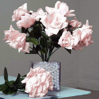 12 Bushes 84 pcs Rose Blush | Rose Gold Artificial Silk Rose Flowers With Green Leaves