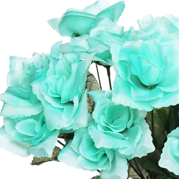 Small Open Rose Bush Artificial Silk Flowers - Aqua