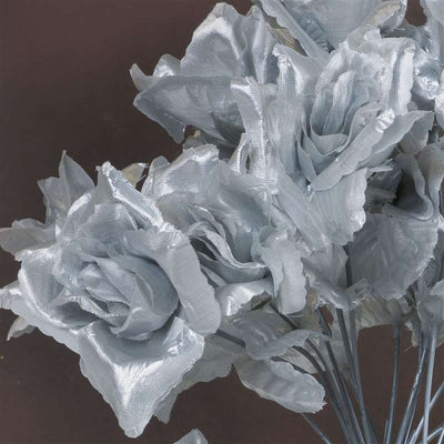 Small Open Rose Bush Artificial Silk Flowers - Silver
