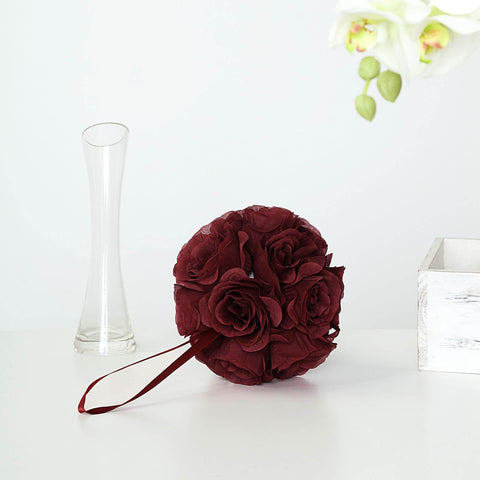 2 Pack  7 Burgundy Flower Ball Silk Rose Pomander Kissing Ball