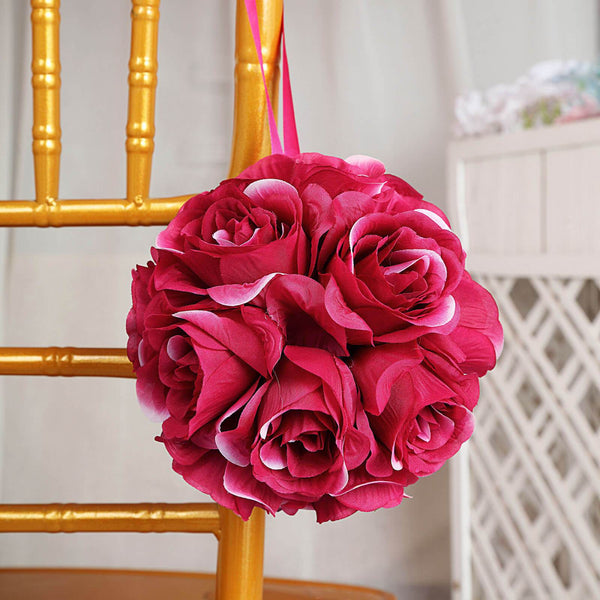 2 Pack | 7" Fuchsia Flower Ball Silk Rose Pomander Kissing Ball