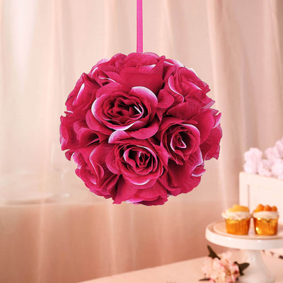 2 Pack | 7" Fuchsia Flower Ball Silk Rose Pomander Kissing Ball