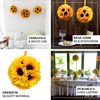 2 Pack | 7inch Artificial Sunflower Kissing Balls Hanging Silk Pomander Ball With Satin Ribbon Loops
