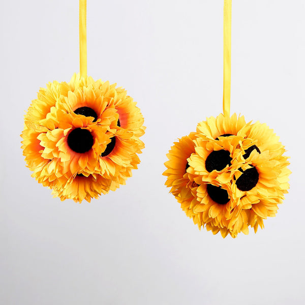 2 Pack | 7inch Artificial Sunflower Kissing Balls Hanging Silk Pomander Ball With Satin Ribbon Loops