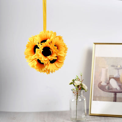 2 Pack | 7inch Artificial Sunflower Kissing Balls Hanging Silk Pomander Ball With Satin Ribbon Loops