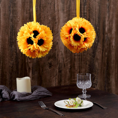 2 Pack | 7inch Artificial Sunflower Kissing Balls Hanging Silk Pomander Ball With Satin Ribbon Loops