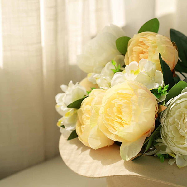 2 Bushes Light Yellow/White Peony And Hydrangea Artificial Silk Flower Bouquets