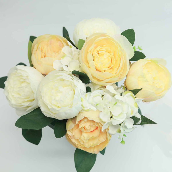 2 Bushes Light Yellow/White Peony And Hydrangea Artificial Silk Flower Bouquets