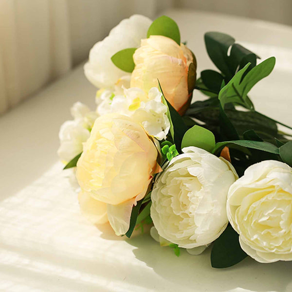 2 Bushes Light Yellow/White Peony And Hydrangea Artificial Silk Flower Bouquets