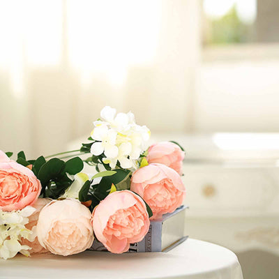 2 Bushes Light Blush | Rose Gold Peony And Hydrangea Artificial Silk Flower Bouquets