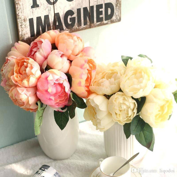 2 Bushes Light Yellow/White Peony And Hydrangea Artificial Silk Flower Bouquets