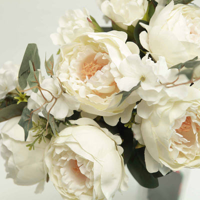 2 Bush Ivory Peony, Rose Bud And Hydrangea Real Touch Artificial Silk Flower Bouquets