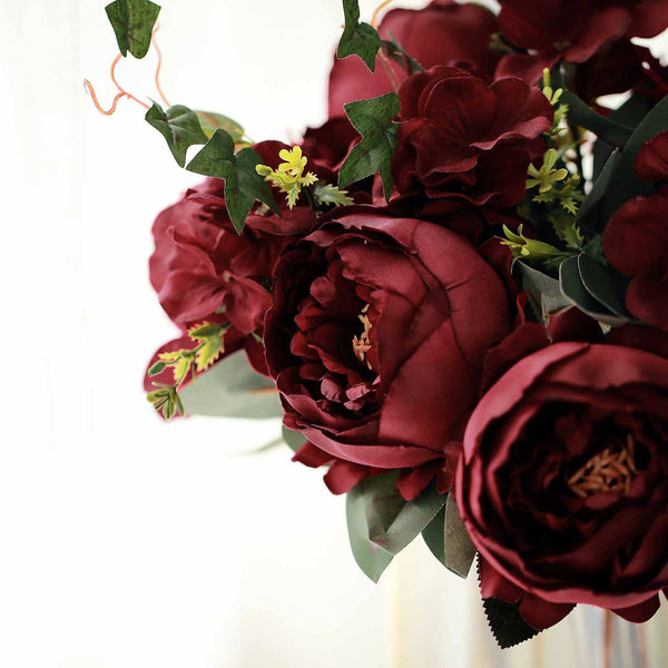2 Bush Burgundy Peony, Rose Bud And Hydrangea Real Touch Artificial Silk Peonies Bouquet
