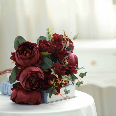 2 Bush Burgundy Peony, Rose Bud And Hydrangea Real Touch Artificial Silk Peonies Bouquet