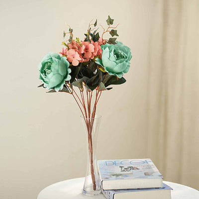 2 Bush Turquoise Peony Rose Bud And Hydrangea Real Touch Artificial Silk Peonies Bouquet
