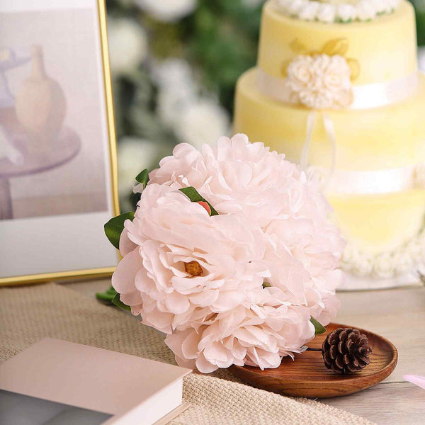 5 Heads | 11" Tall Artificial Peony Bouquet Rose Gold | Silk Flowers Factory